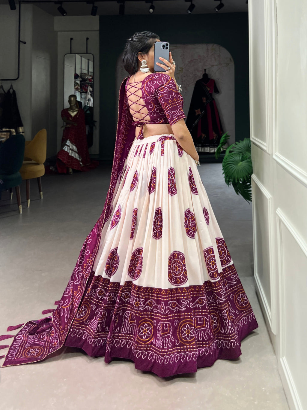 Lorenvalley Wine Artistry in Tussar Silk with Bandhej Print Lehenga Choli