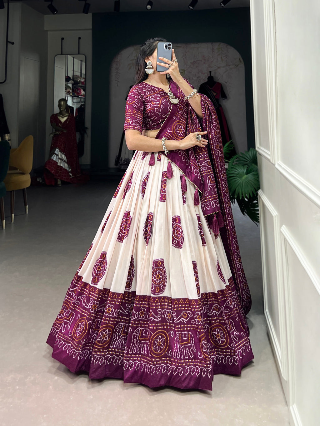 Lorenvalley Wine Artistry in Tussar Silk with Bandhej Print Lehenga Choli