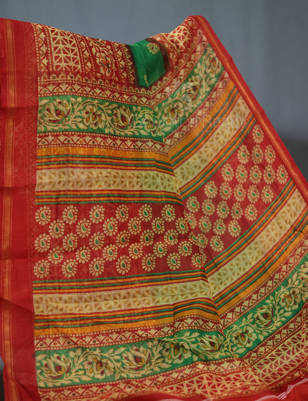 Shades of Leaf Green Floral Print Semi Chanderi Saree By Gayathri Reddy Designer Studio