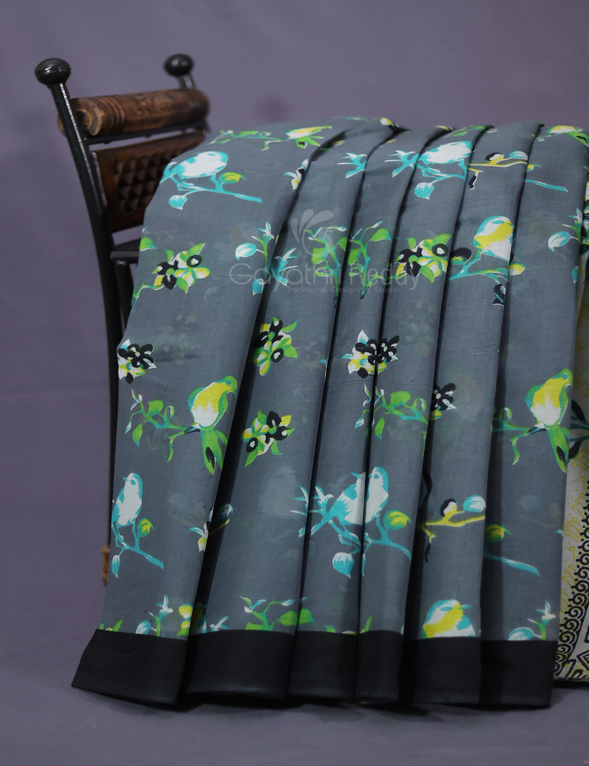 Grey Colour Combo With Brid Print Pure Mulmul Cotton Saree By Gayathri Reddy Designer Studio