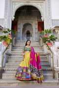Lorenvalley Mustard Tussar Silk Kalamkari With Foil Work Lehenga Choli with Dupatta