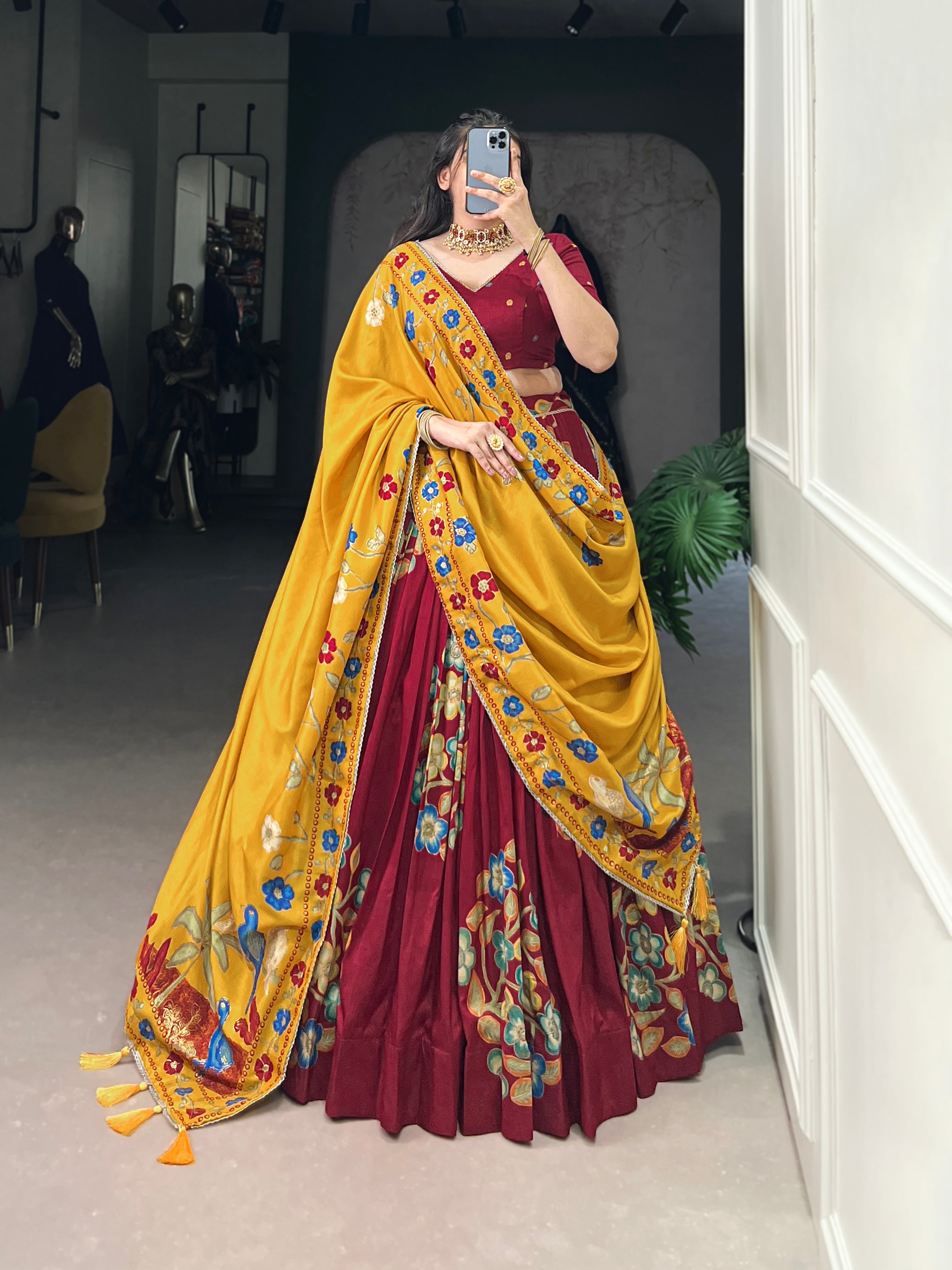 Lorenvalley Maroon Tussar Silk Printed And Foil Work With Lace Touch Up Lehenga Choli with Dupatta