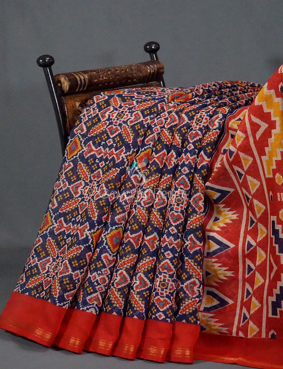Navy Blue And Red Colour Patola Print Semi Chanderi Saree By Gayathri Reddy Designer Studio