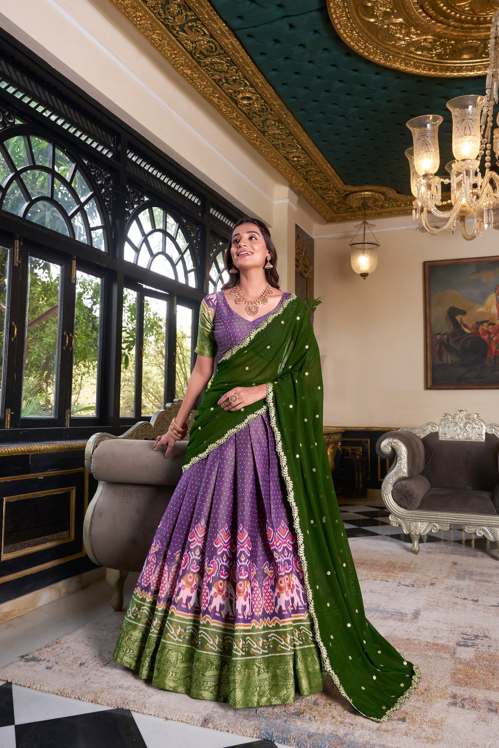 Lorenvalley Purple Kanchipuram Printed With Zari Weaving Work Lehenga Choli with Dupatta