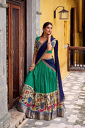 Lorenvalley Fashion Multicolor Poly Chanderi Zari Stripe Kalamkari Printed With Zari Weaving Work Lehenga Choli with Dupatta