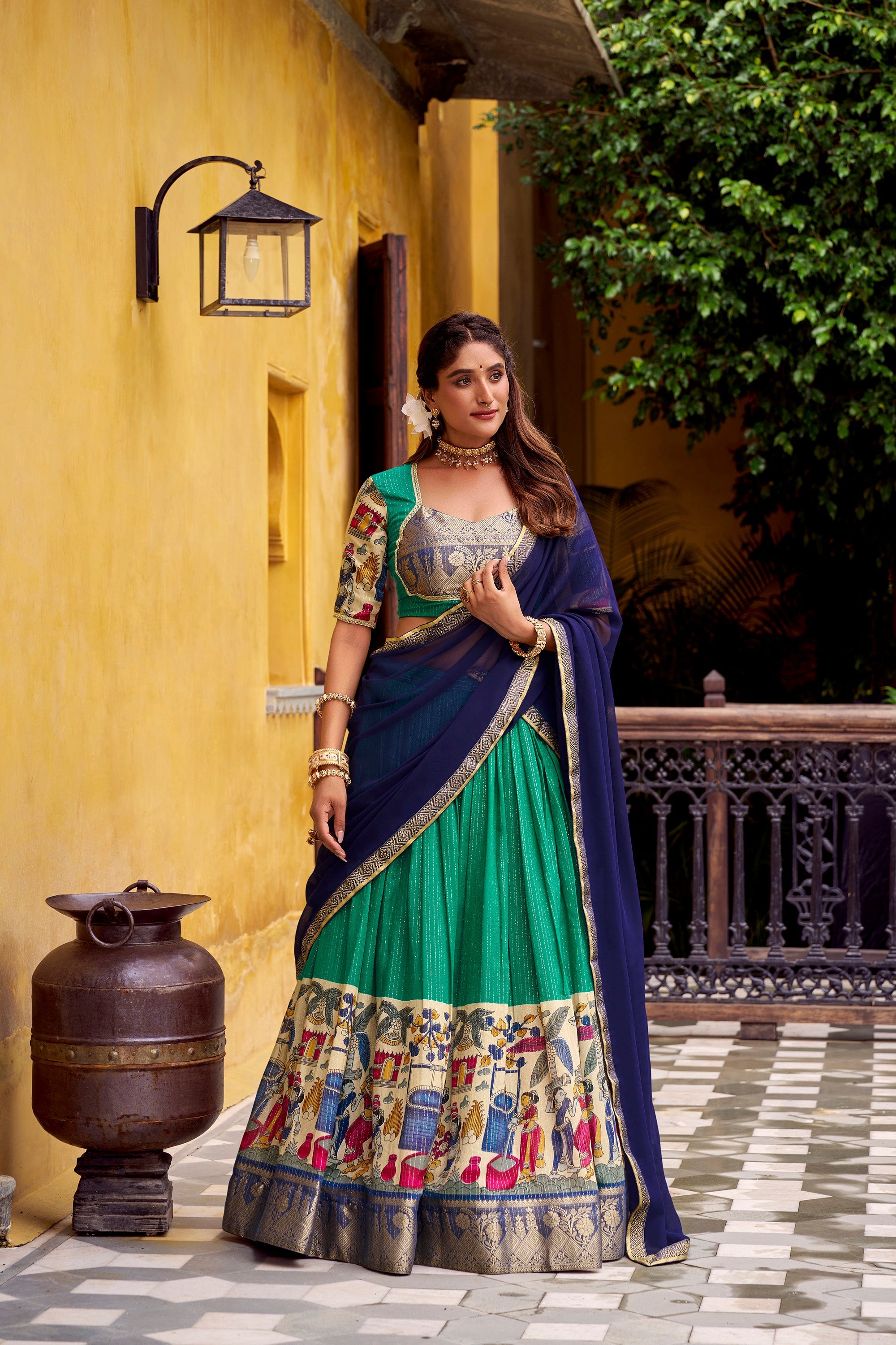 Lorenvalley Fashion Multicolor Poly Chanderi Zari Stripe Kalamkari Printed With Zari Weaving Work Lehenga Choli with Dupatta