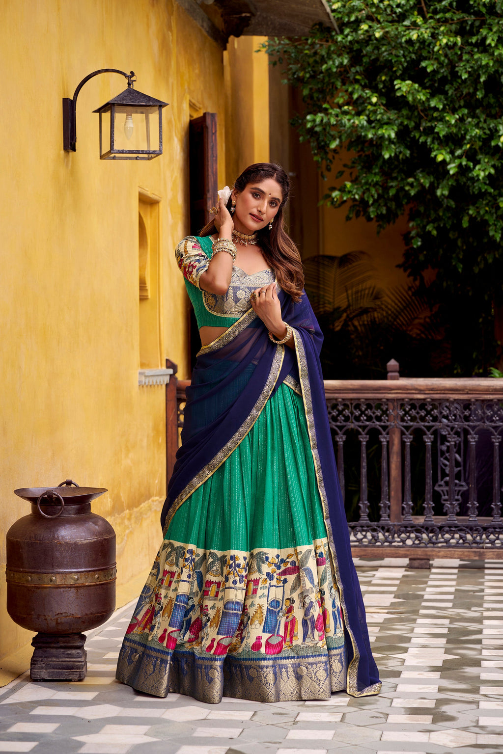 Lorenvalley Fashion Multicolor Poly Chanderi Zari Stripe Kalamkari Printed With Zari Weaving Work Lehenga Choli with Dupatta
