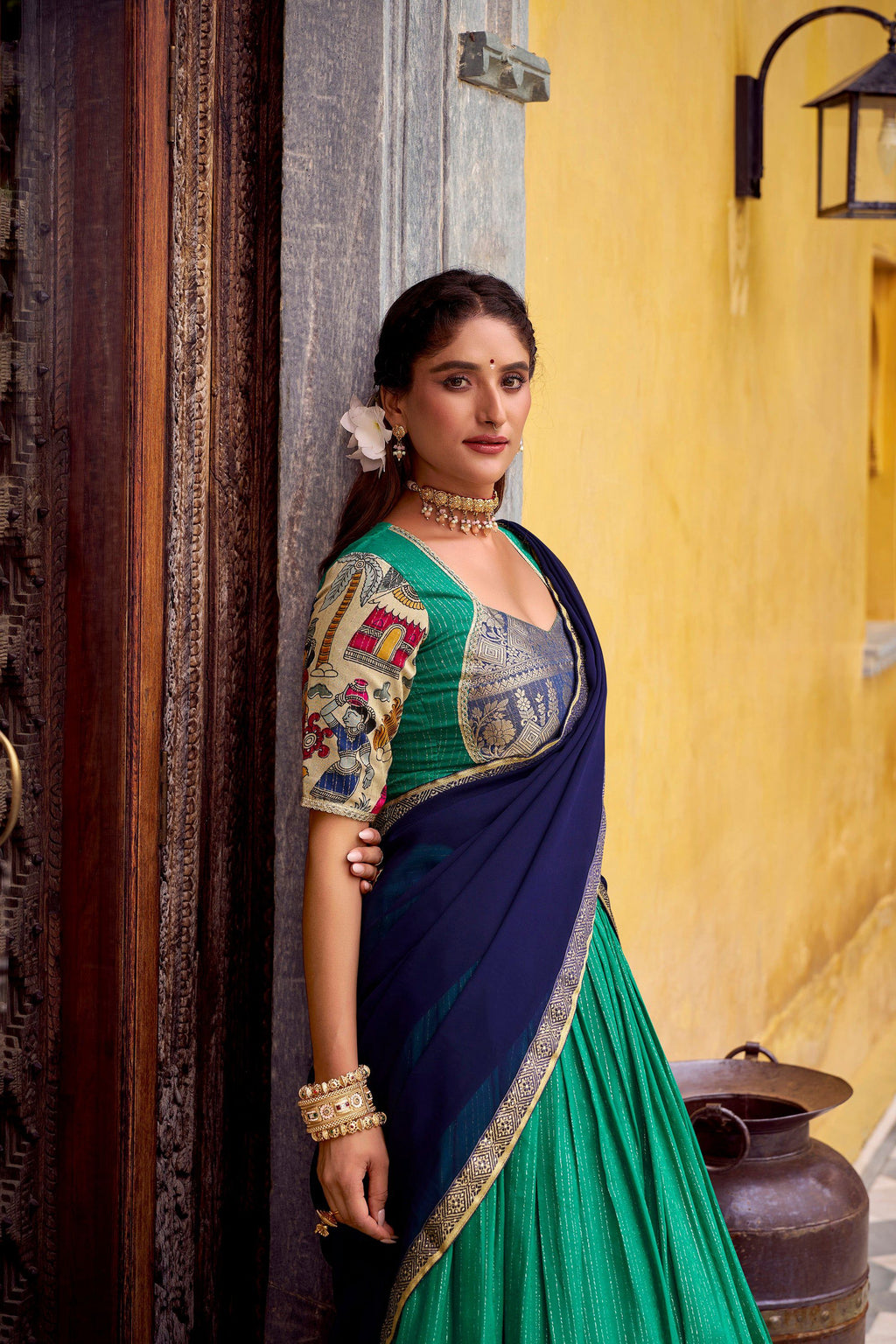 Lorenvalley Fashion Multicolor Poly Chanderi Zari Stripe Kalamkari Printed With Zari Weaving Work Lehenga Choli with Dupatta