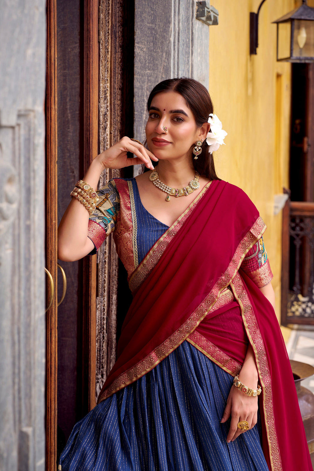 Lorenvalley Fashion Multicolor Poly Chanderi Zari Stripe Kalamkari Printed With Zari Weaving Work Lehenga Choli with Dupatta