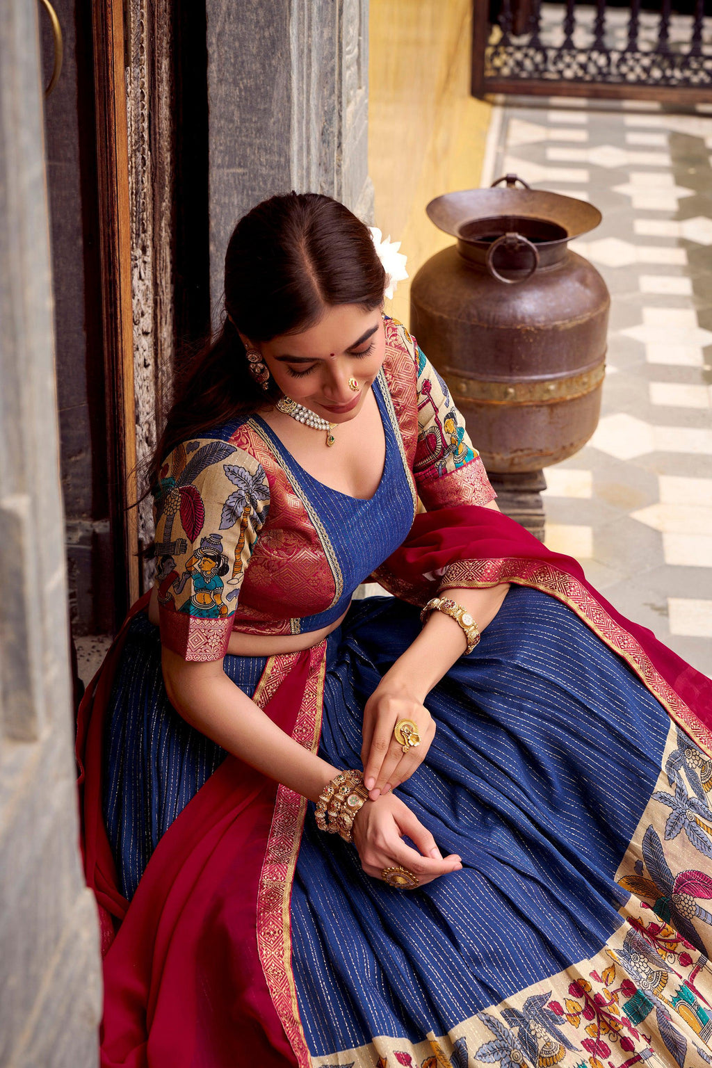 Lorenvalley Fashion Multicolor Poly Chanderi Zari Stripe Kalamkari Printed With Zari Weaving Work Lehenga Choli with Dupatta
