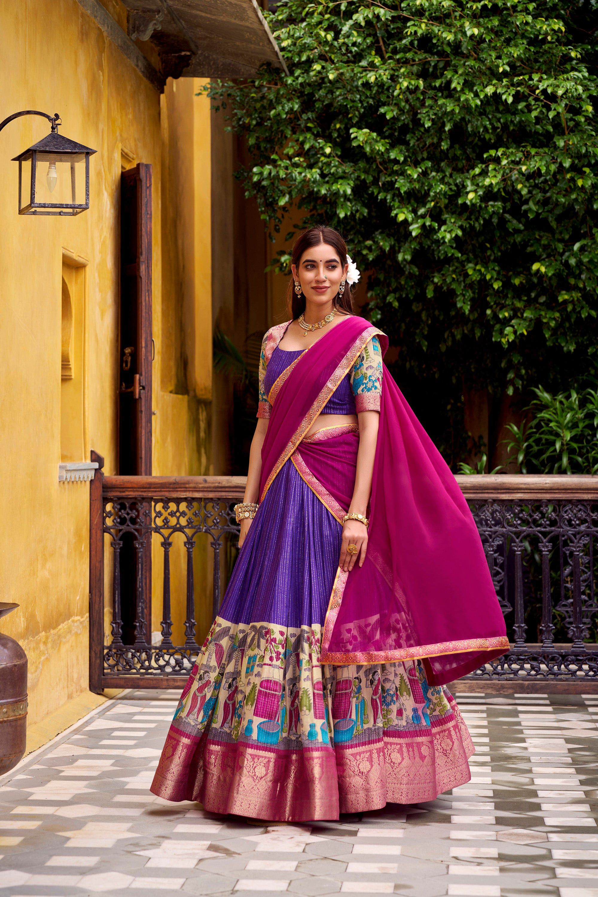 Lorenvalley Fashion Multicolor Poly Chanderi Zari Stripe Kalamkari Printed With Zari Weaving Work Lehenga Choli with Dupatta