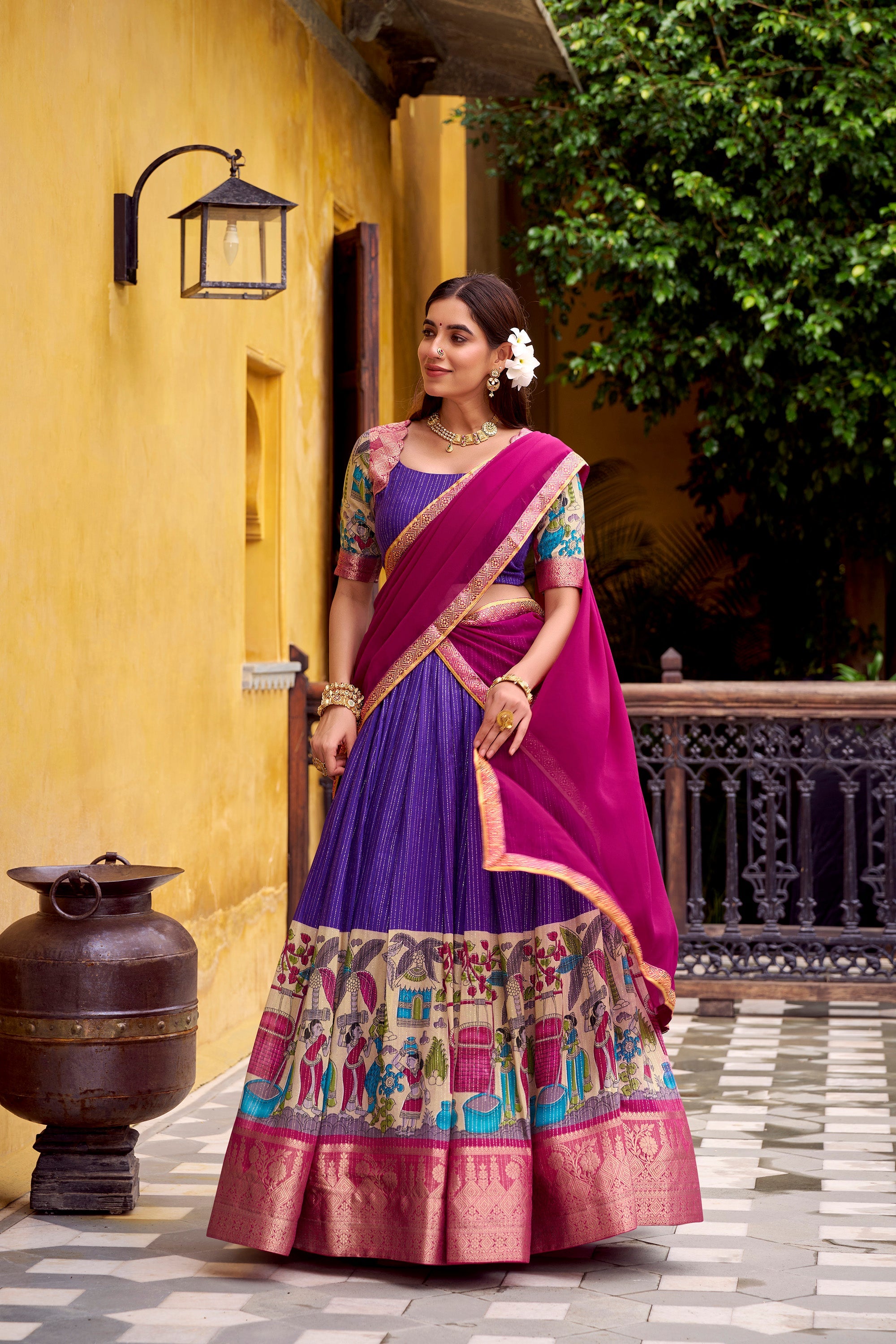 Lorenvalley Fashion Multicolor Poly Chanderi Zari Stripe Kalamkari Printed With Zari Weaving Work Lehenga Choli with Dupatta