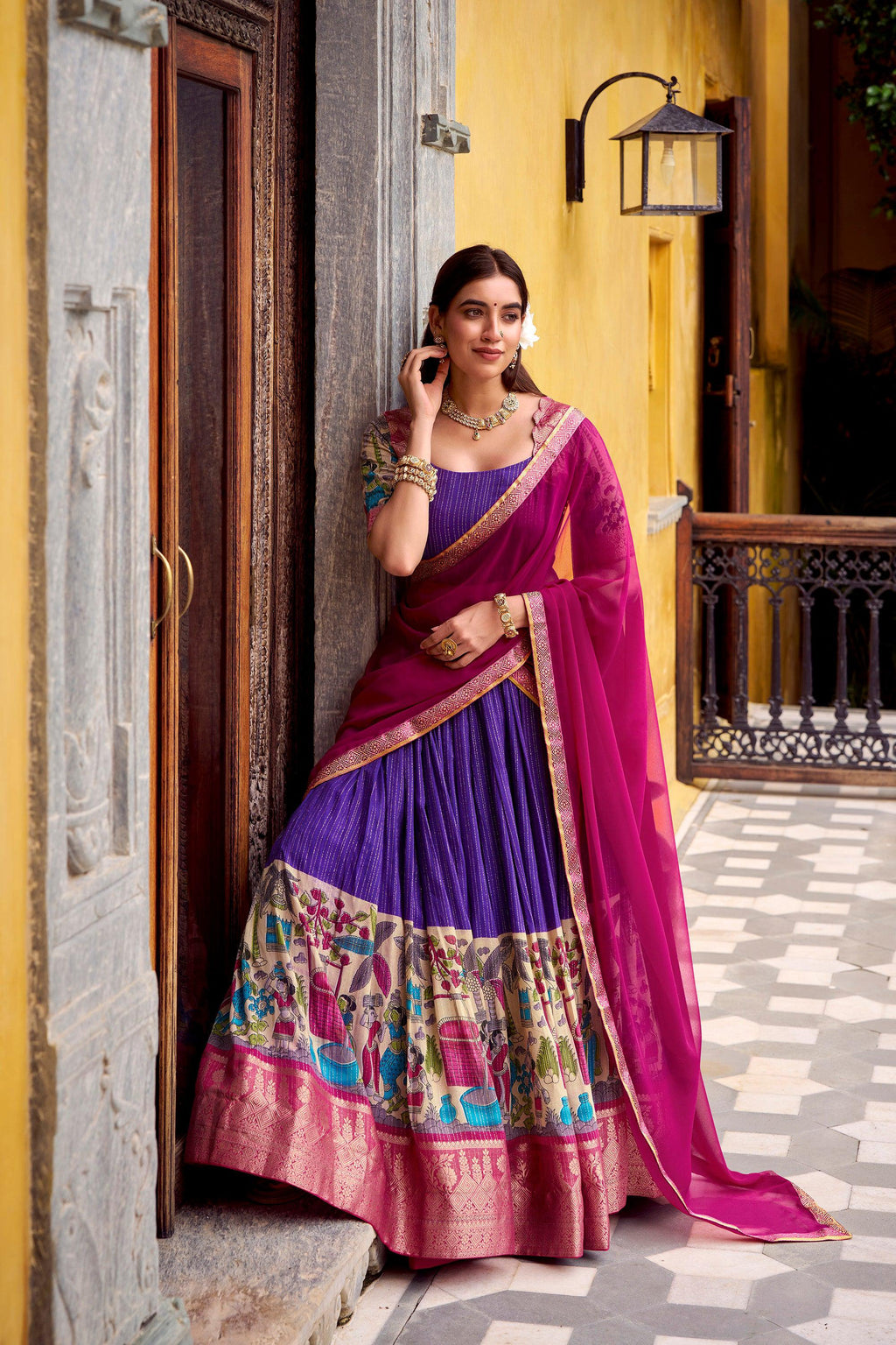 Lorenvalley Fashion Multicolor Poly Chanderi Zari Stripe Kalamkari Printed With Zari Weaving Work Lehenga Choli with Dupatta