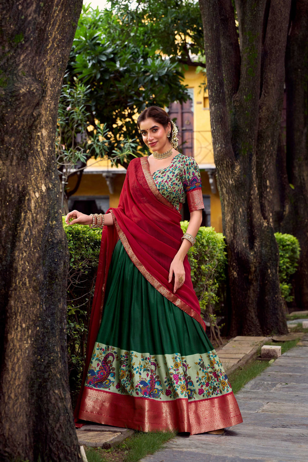 Lorenvalley Fashion Green Aastha Silk Printed with Zari Weaving Work Lehenga Choli with Dupatta