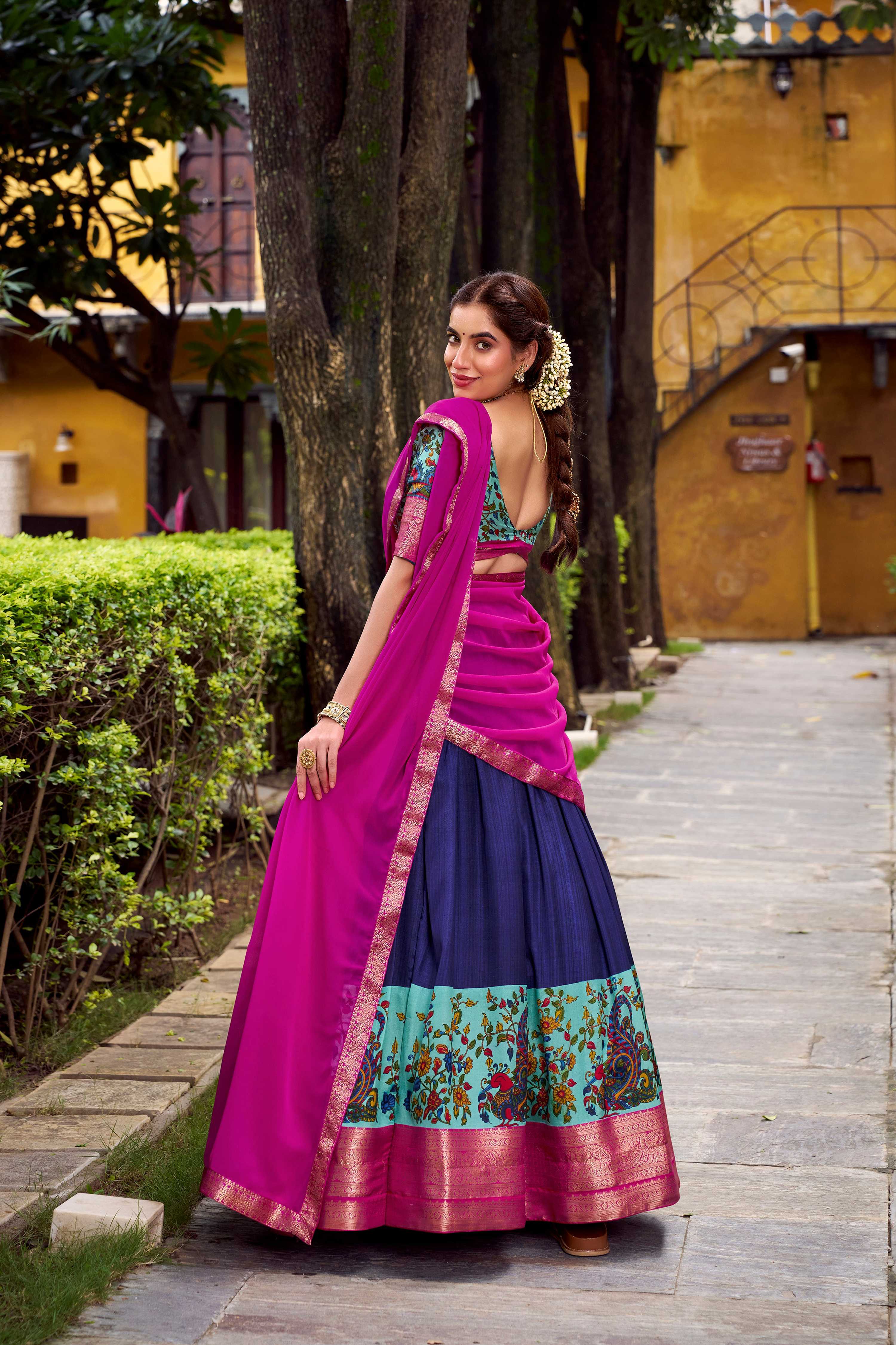 Lorenvalley Fashion Navy Blue Aastha Silk Printed with Zari Weaving Work Lehenga Choli with Dupatta