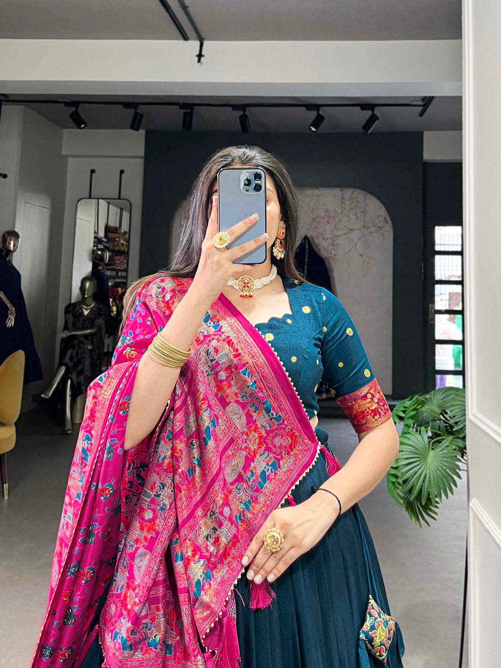 Lorenvalley Teal Tussar Silk Printed With Foil Work Lehenga Choli with Dupatta