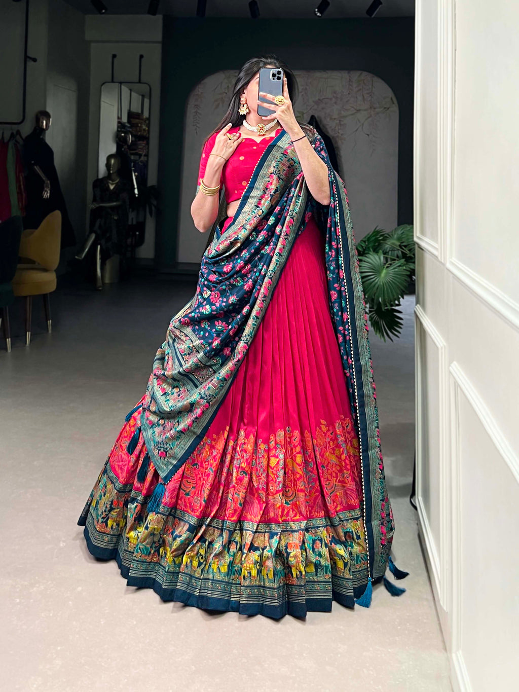 Lorenvalley Pink Tussar Silk Printed With Foil Work Lehenga Choli with Dupatta