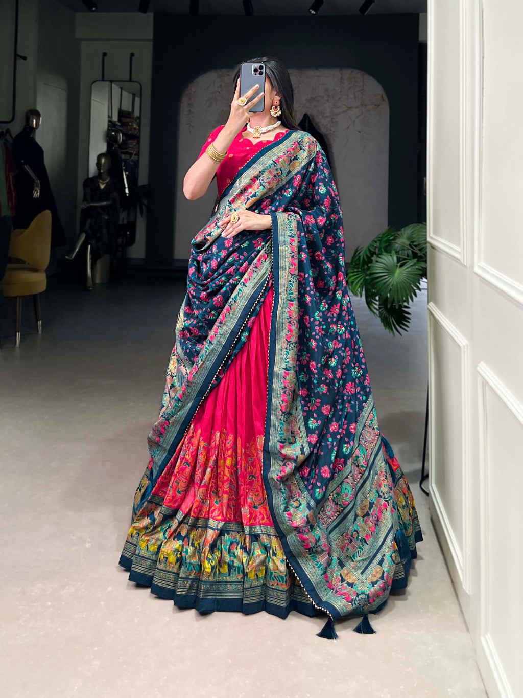 Lorenvalley Pink Tussar Silk Printed With Foil Work Lehenga Choli with Dupatta