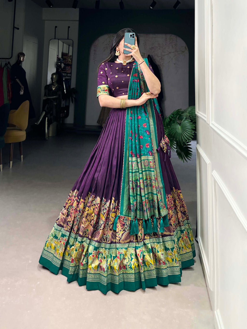 Lorenvalley Purple Tussar Silk Printed With Foil Work Lehenga Choli with Dupatta