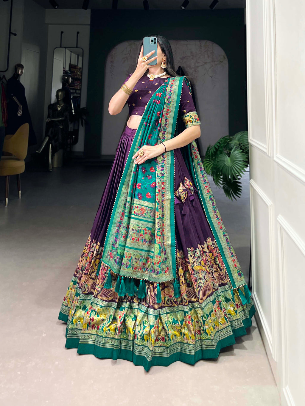 Lorenvalley Purple Tussar Silk Printed With Foil Work Lehenga Choli with Dupatta