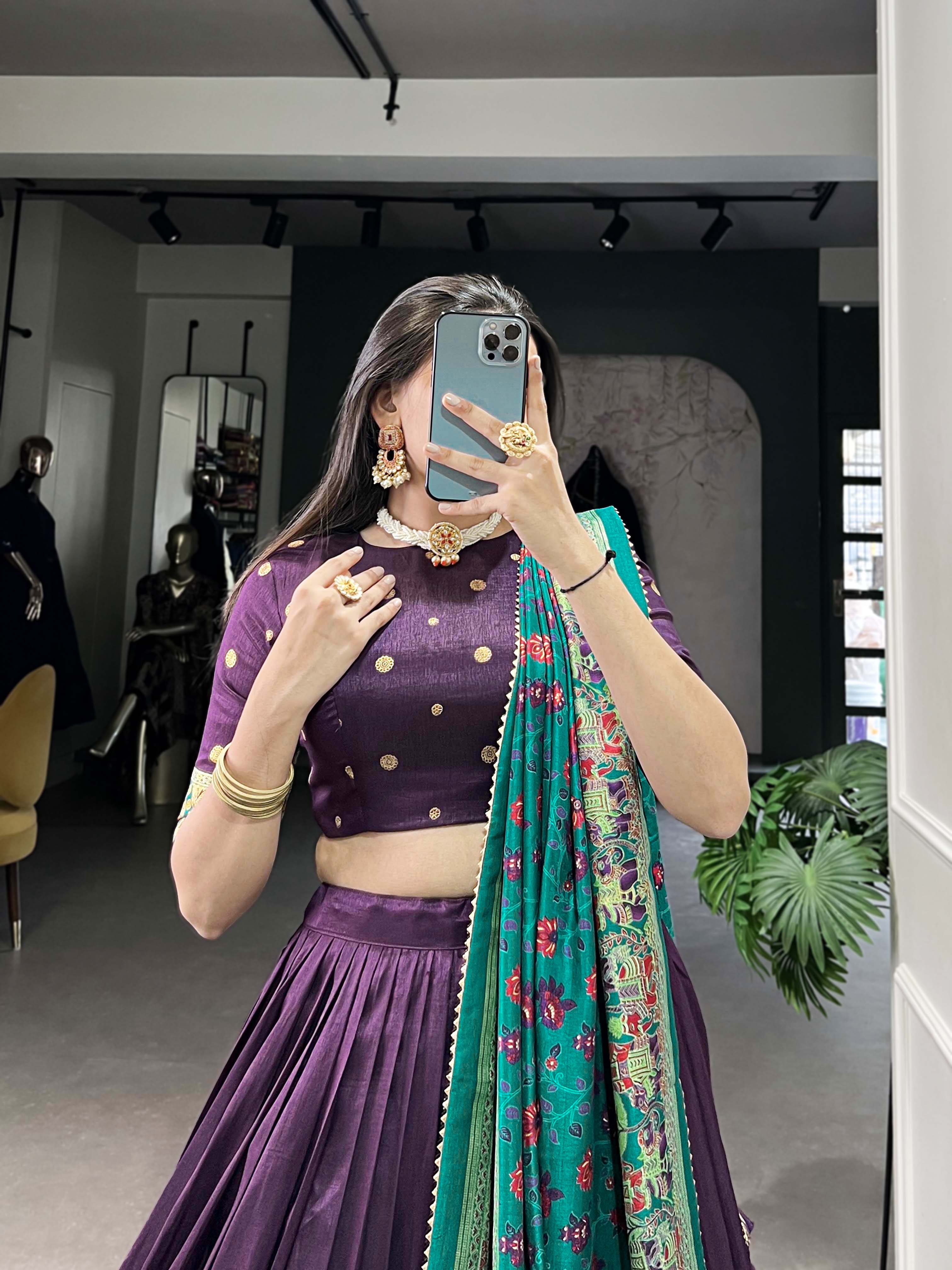 Lorenvalley Purple Tussar Silk Printed With Foil Work Lehenga Choli with Dupatta