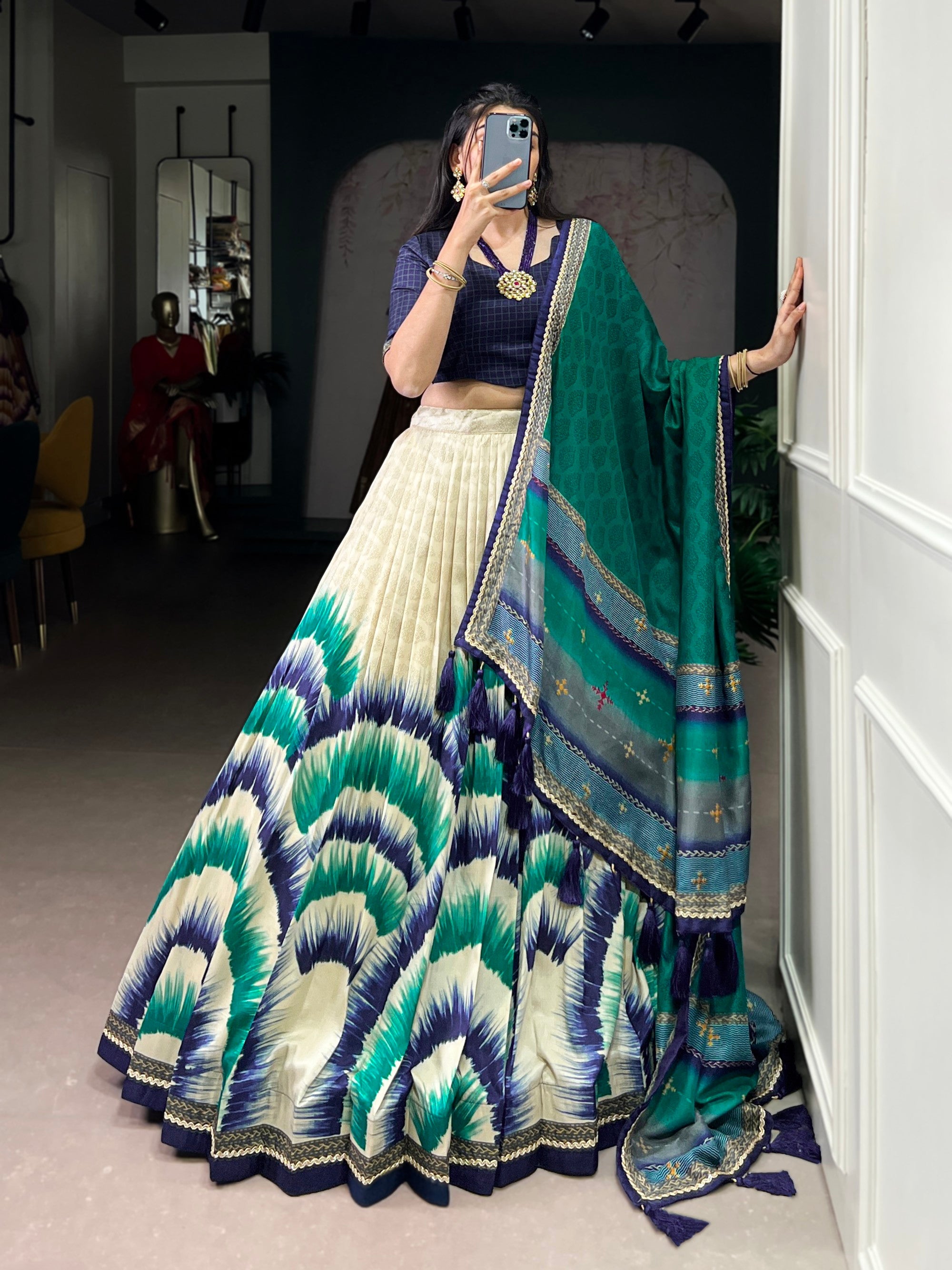 Lorenvalley Fashion Multicolor Tasar Silk Tie and Dye Print with Lace Touch Up Lehenga Choli with Dupatta