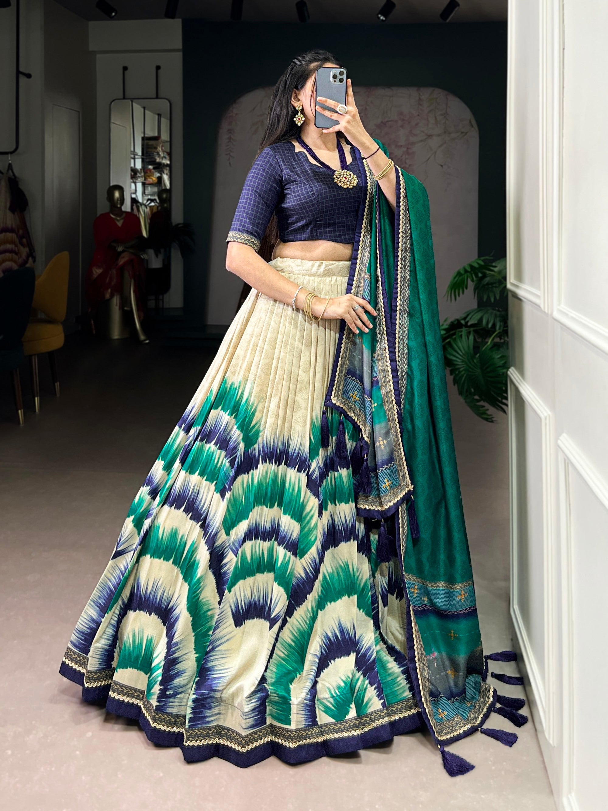 Lorenvalley Fashion Multicolor Tasar Silk Tie and Dye Print with Lace Touch Up Lehenga Choli with Dupatta