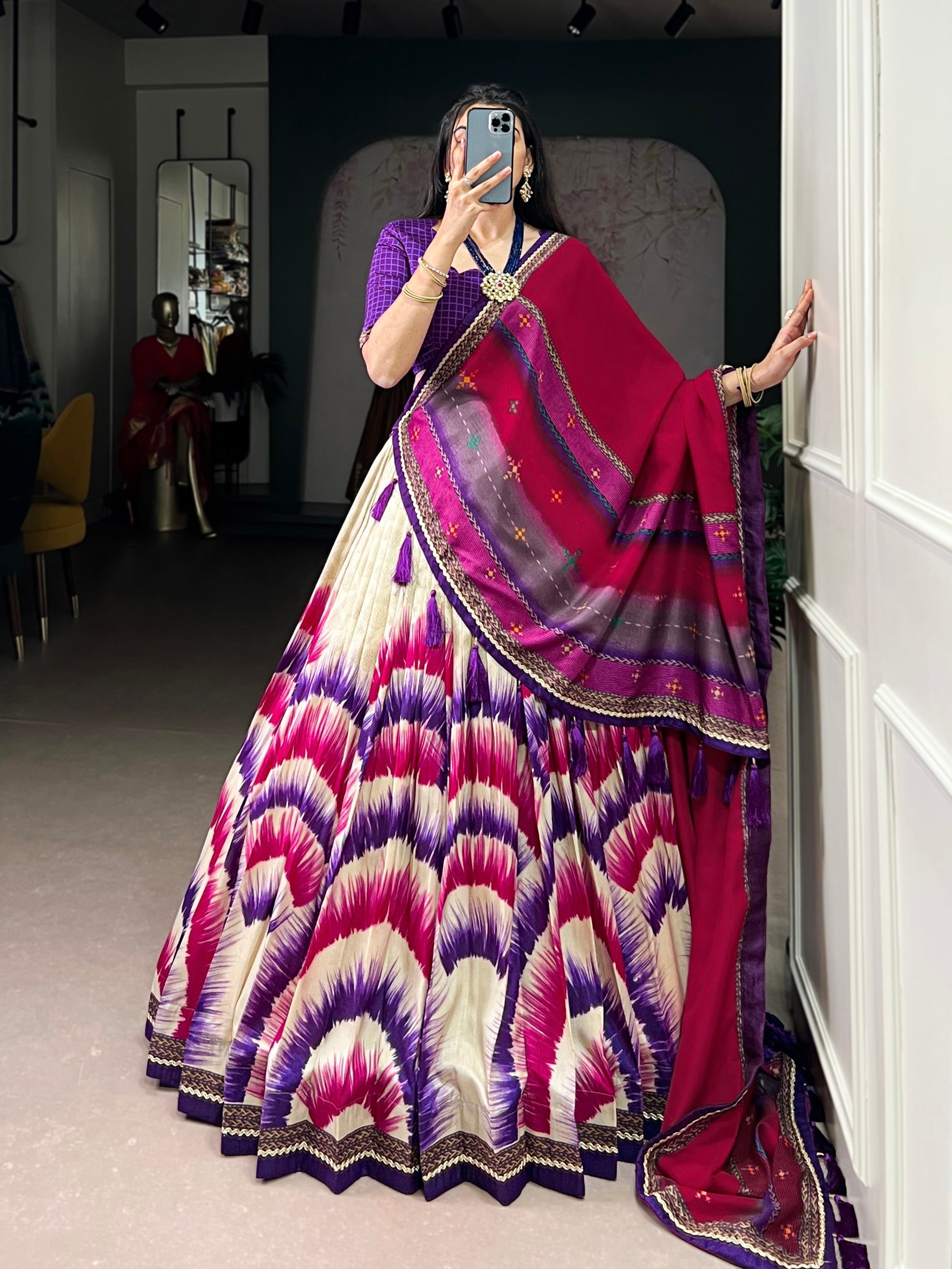 Lorenvalley Fashion Multicolor Tasar Silk Tie and Dye Print with Lace Touch Up Lehenga Choli with Dupatta