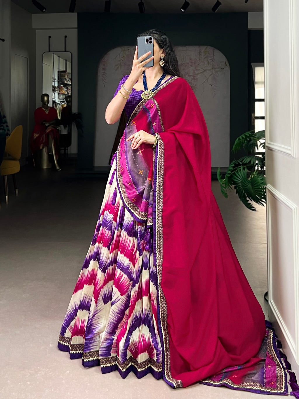Lorenvalley Fashion Multicolor Tasar Silk Tie and Dye Print with Lace Touch Up Lehenga Choli with Dupatta