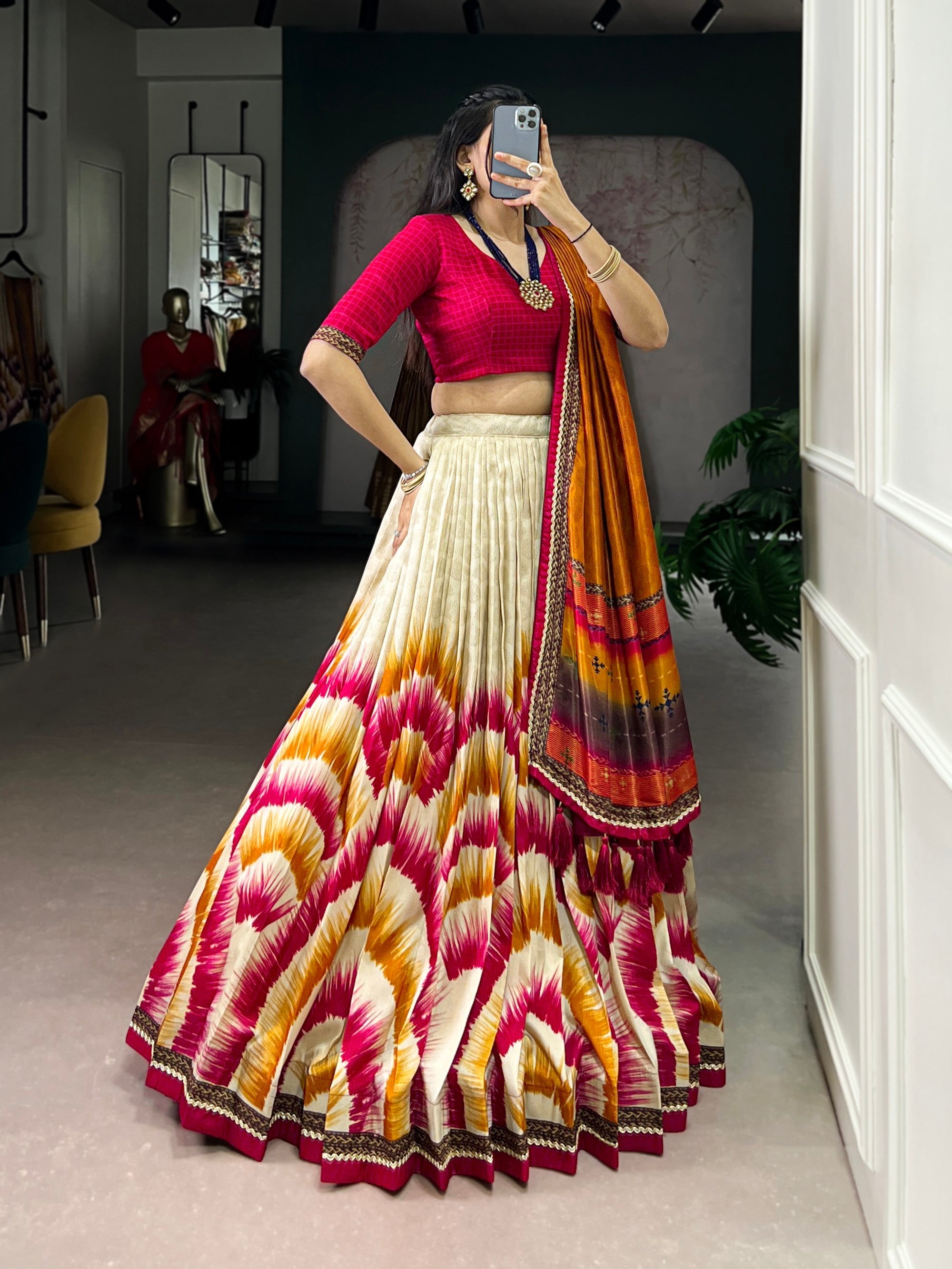 Lorenvalley Fashion Multicolor Tasar Silk Tie and Dye Print with Lace Touch Up Lehenga Choli with Dupatta