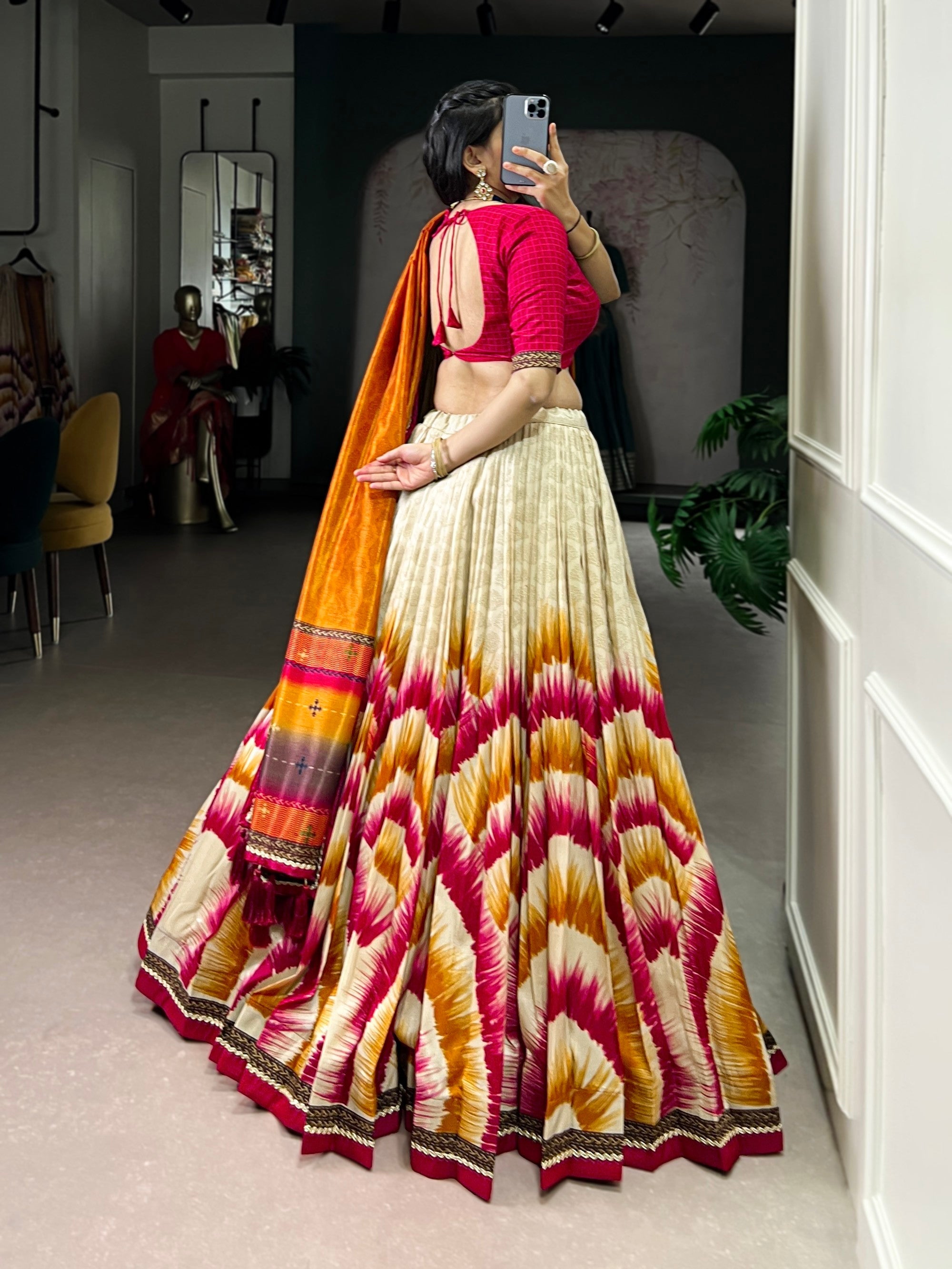 Lorenvalley Fashion Multicolor Tasar Silk Tie and Dye Print with Lace Touch Up Lehenga Choli with Dupatta