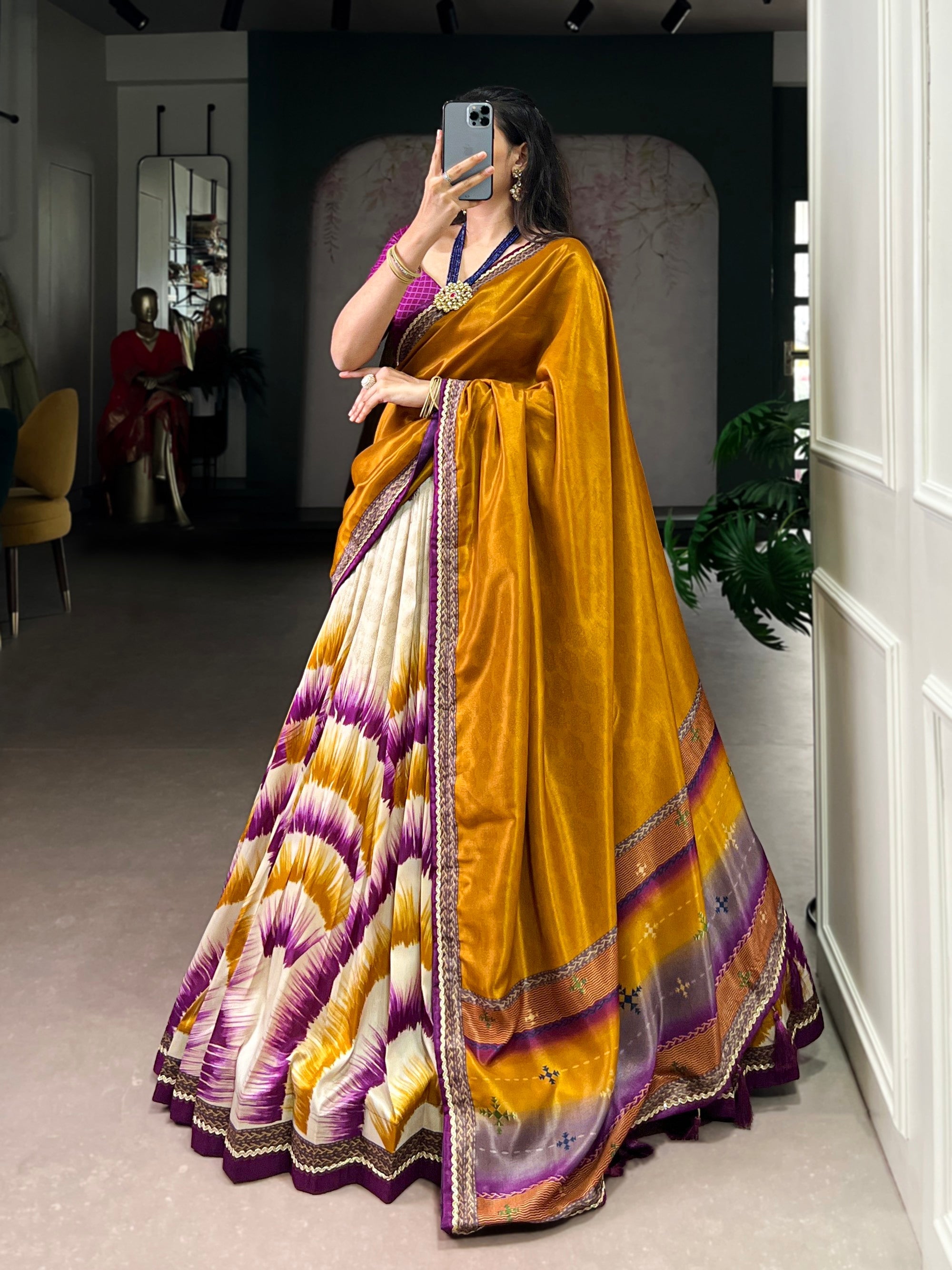 Lorenvalley Fashion Multicolor Tasar Silk Tie and Dye Print with Lace Touch Up Lehenga Choli with Dupatta