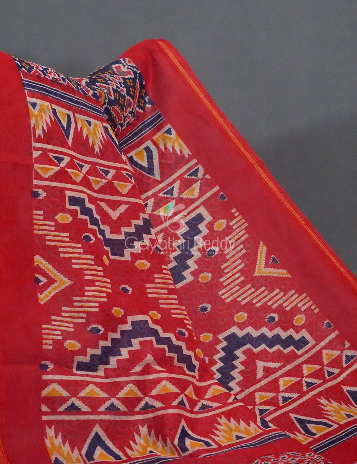Navy Blue And Red Colour Patola Print Semi Chanderi Saree By Gayathri Reddy Designer Studio
