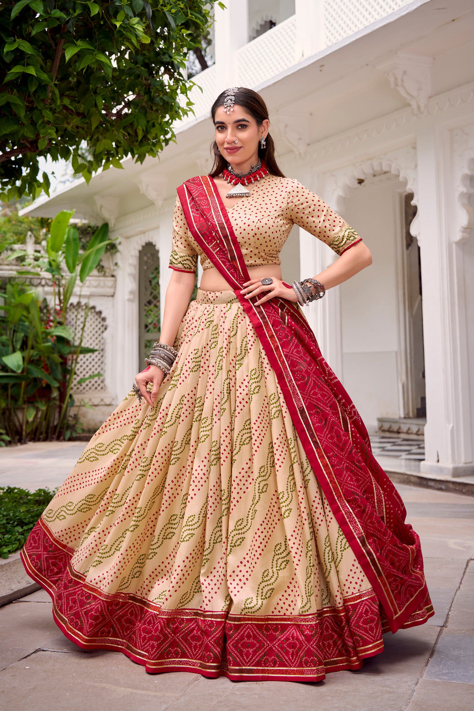 Lorenvalley Fashion Offwhite Tasar Silk Bandhej Print With Gotta Patti Lace Touch Up Lehenga Choli with Dupatta