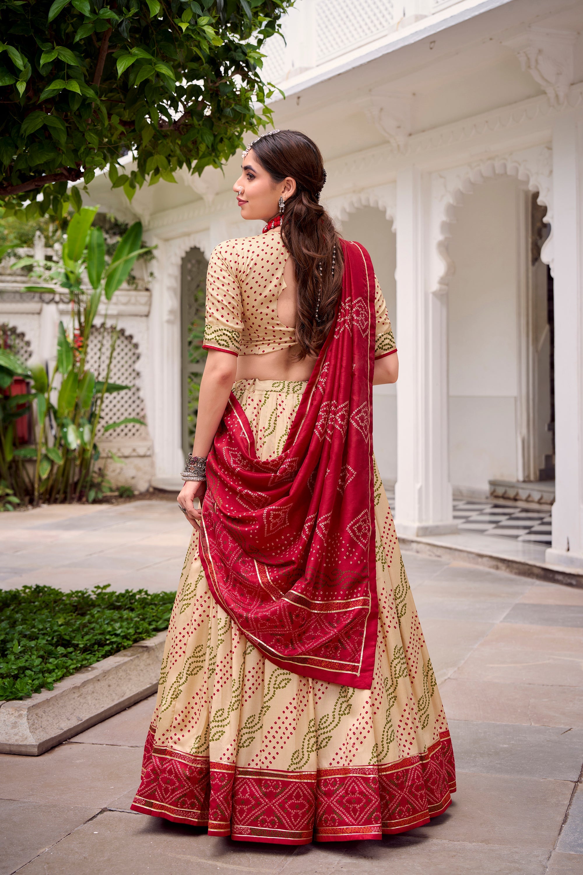 Lorenvalley Fashion Offwhite Tasar Silk Bandhej Print With Gotta Patti Lace Touch Up Lehenga Choli with Dupatta