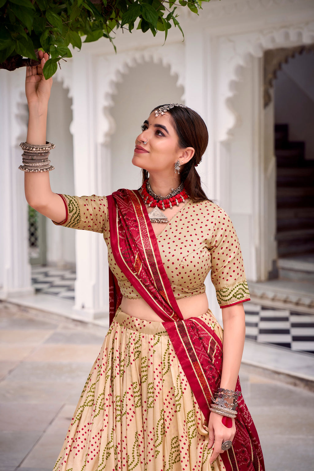 Lorenvalley Fashion Offwhite Tasar Silk Bandhej Print With Gotta Patti Lace Touch Up Lehenga Choli with Dupatta