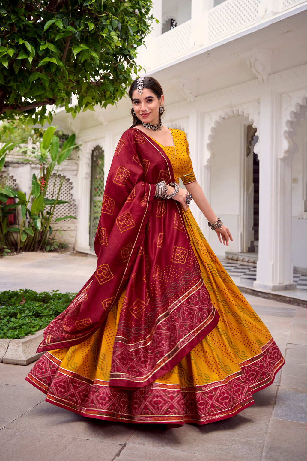 Lorenvalley Fashion Yellow Tasar Silk Bandhej Print With Gotta Patti Lace Touch Up Lehenga Choli with Dupatta