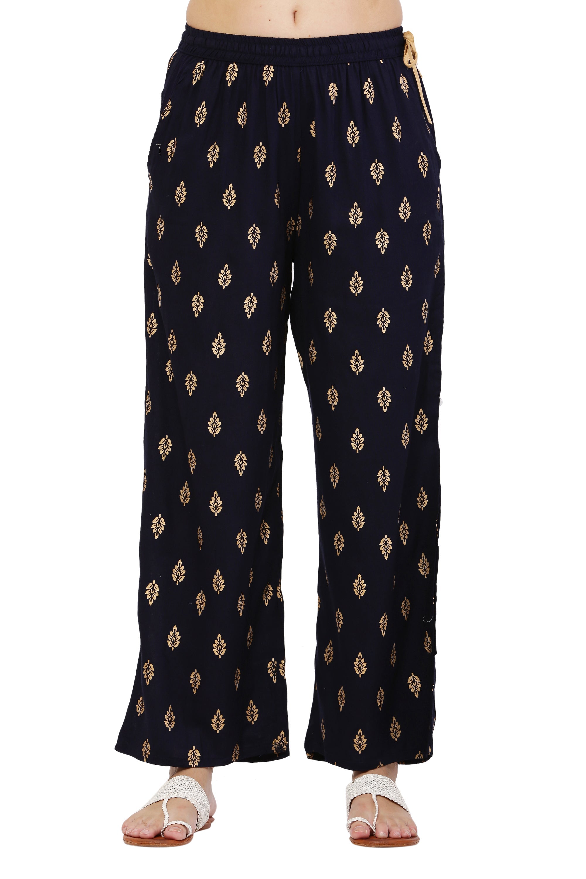 PAVONINE Black Color Full Golden Leaf Print Palazzo For Women Pant