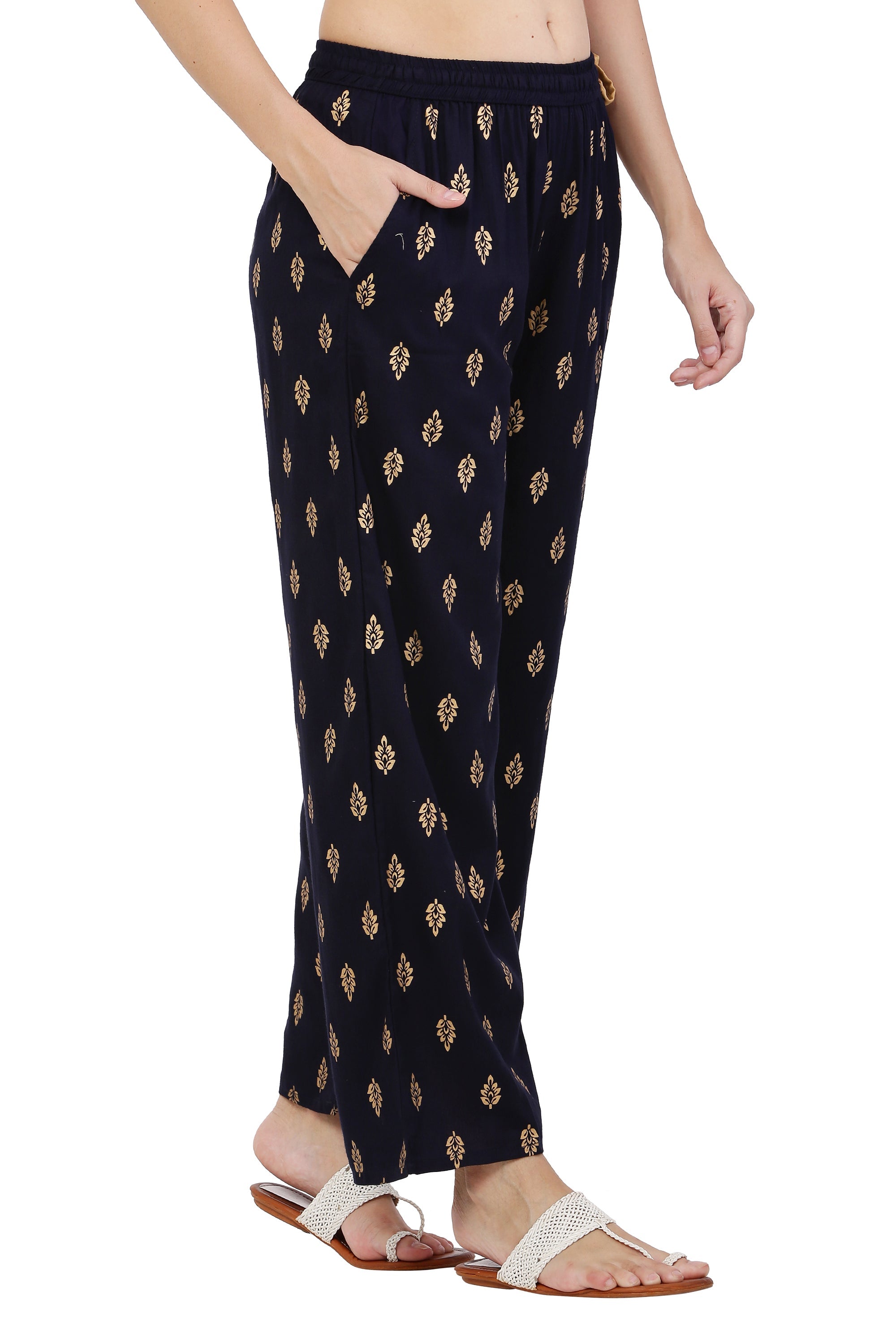 PAVONINE Black Color Full Golden Leaf Print Palazzo For Women Pant