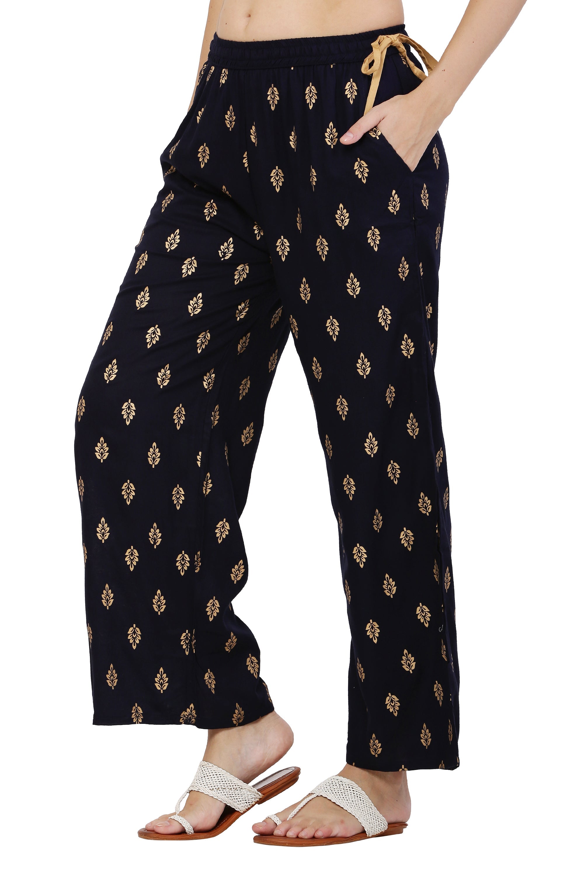 PAVONINE Black Color Full Golden Leaf Print Palazzo For Women Pant
