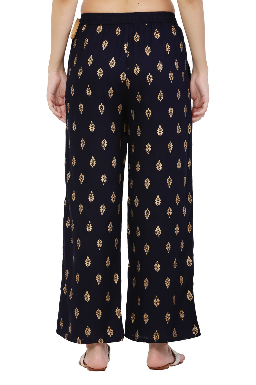 PAVONINE Black Color Full Golden Leaf Print Palazzo For Women Pant
