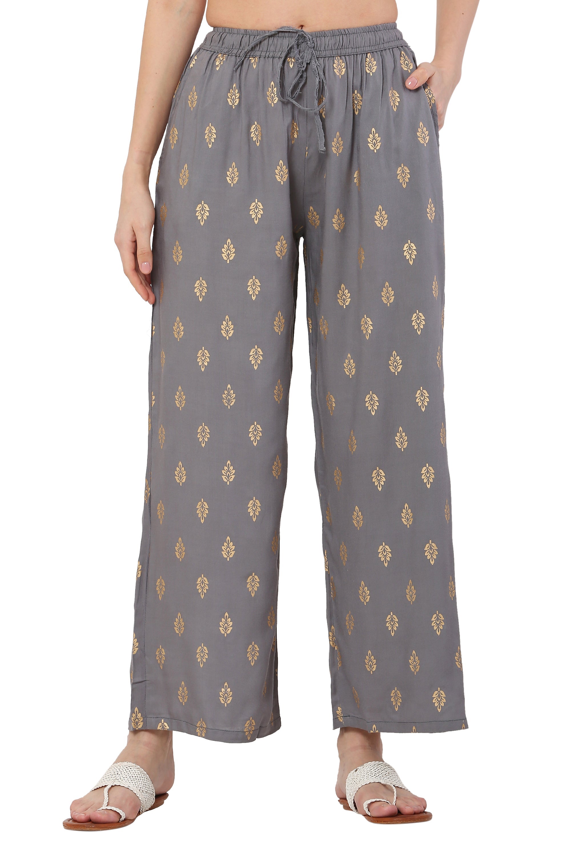 PAVONINE Grey Color Full Golden Leaf Print Palazzo For Women Pant