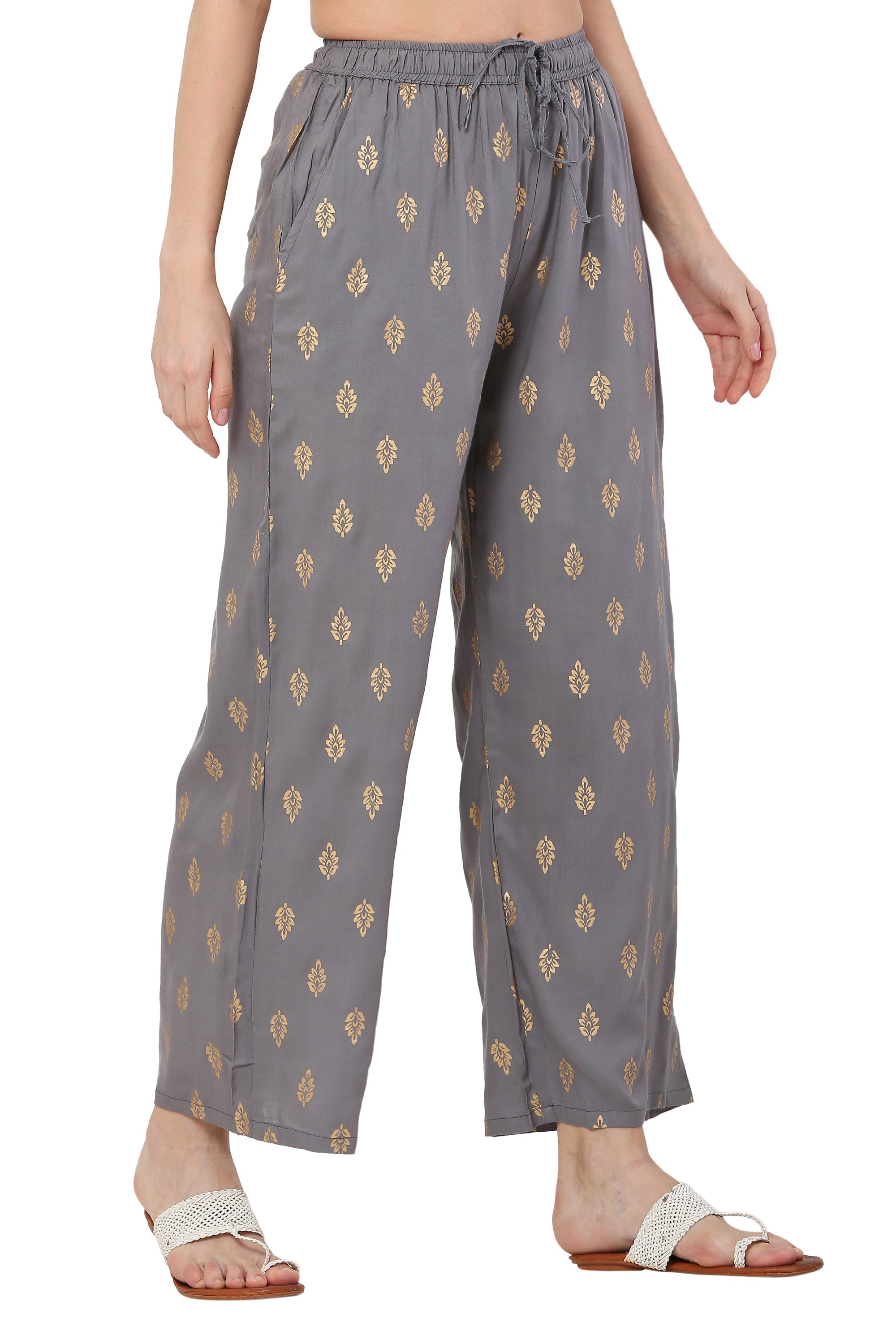 PAVONINE Grey Color Full Golden Leaf Print Palazzo For Women Pant