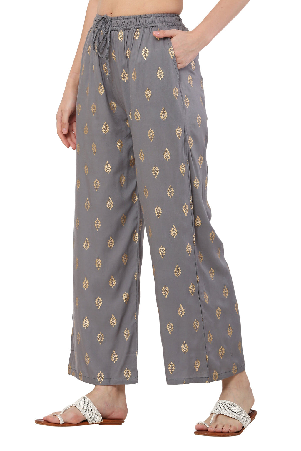 PAVONINE Grey Color Full Golden Leaf Print Palazzo For Women Pant