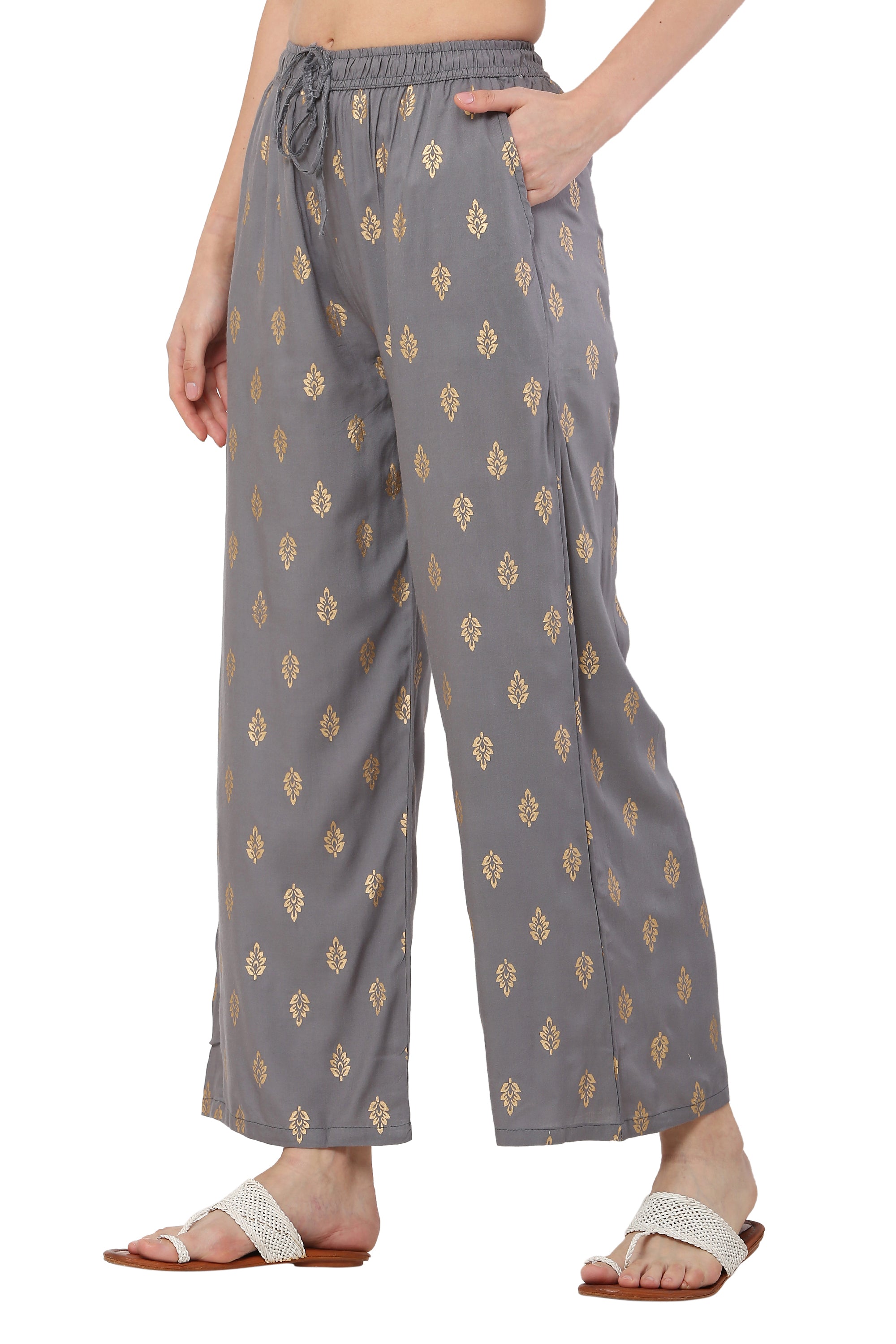 PAVONINE Grey Color Full Golden Leaf Print Palazzo For Women Pant