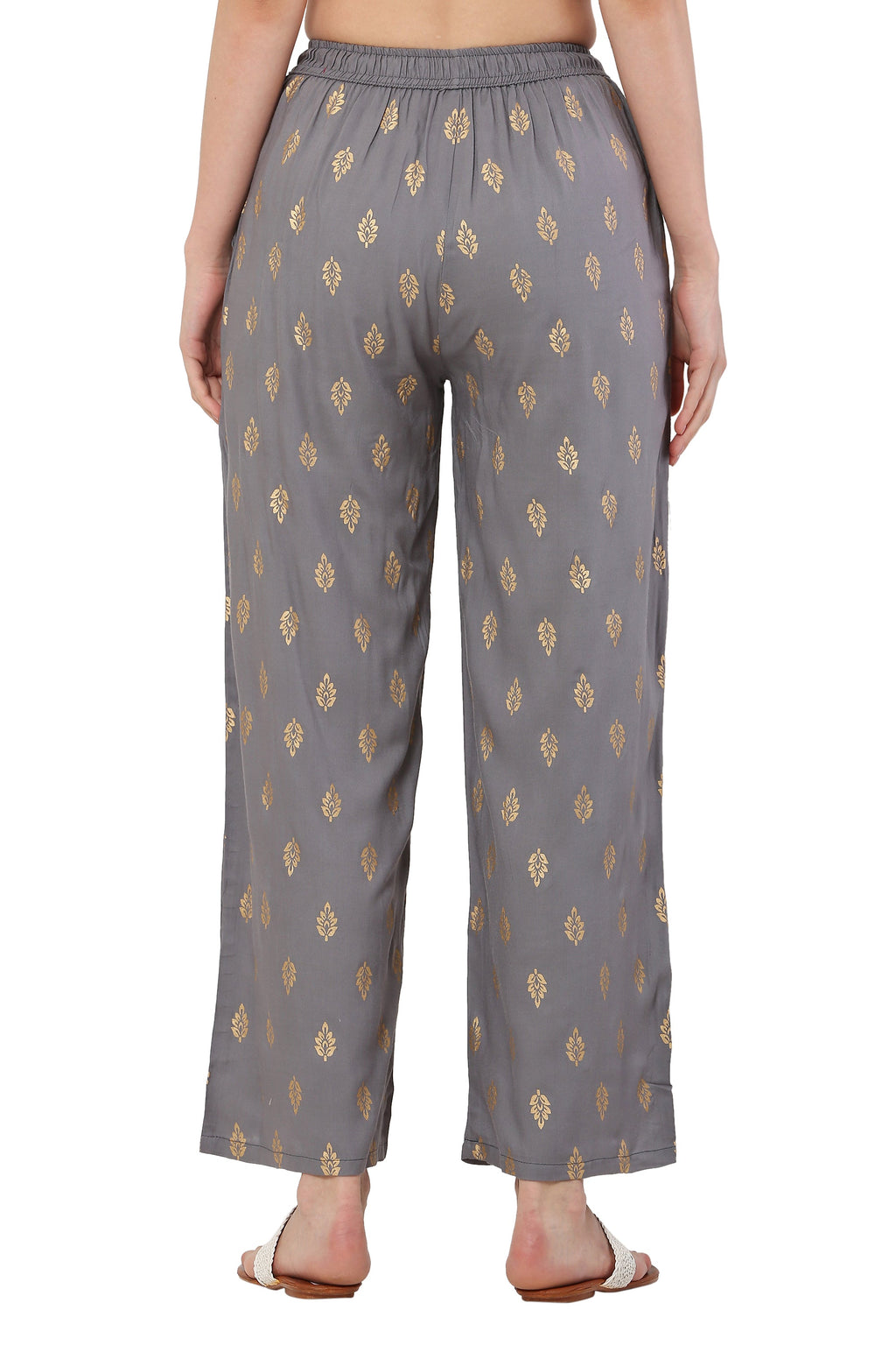 PAVONINE Grey Color Full Golden Leaf Print Palazzo For Women Pant