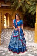 Lorenvalley Fashion Blue Dola Silk Batik Print with Zari Weaving Work Lehenga Choli with Dupatta