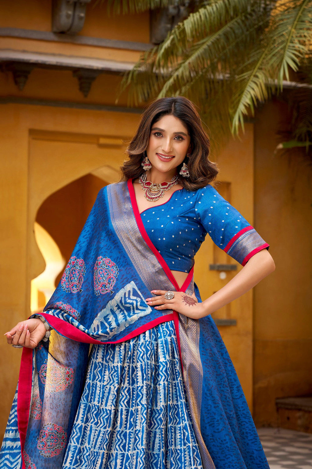 Lorenvalley Fashion Blue Dola Silk Batik Print with Zari Weaving Work Lehenga Choli with Dupatta
