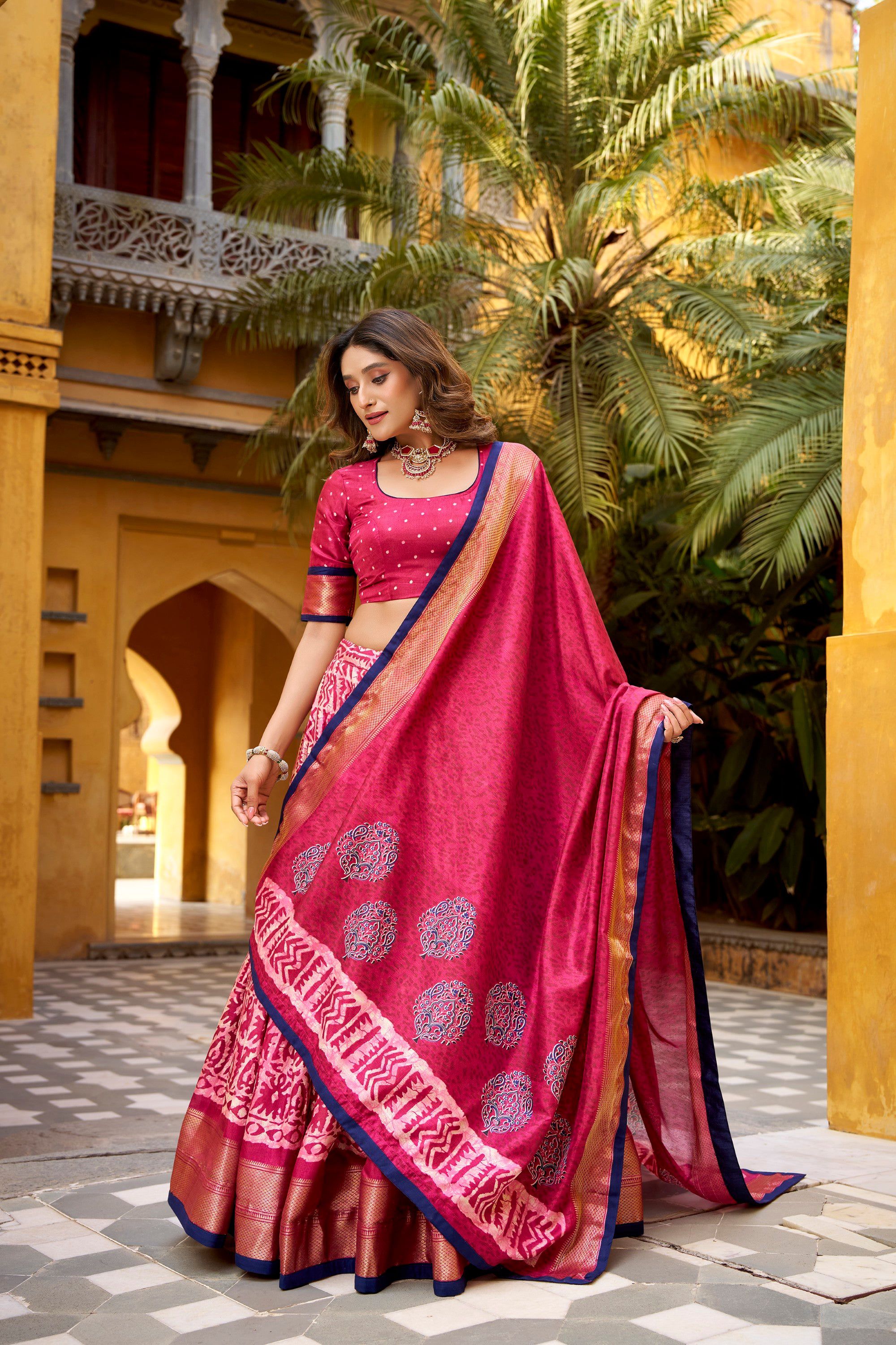 Lorenvalley Fashion Gajari Dola Silk Batik Print with Zari Weaving Work Lehenga Choli with Dupatta