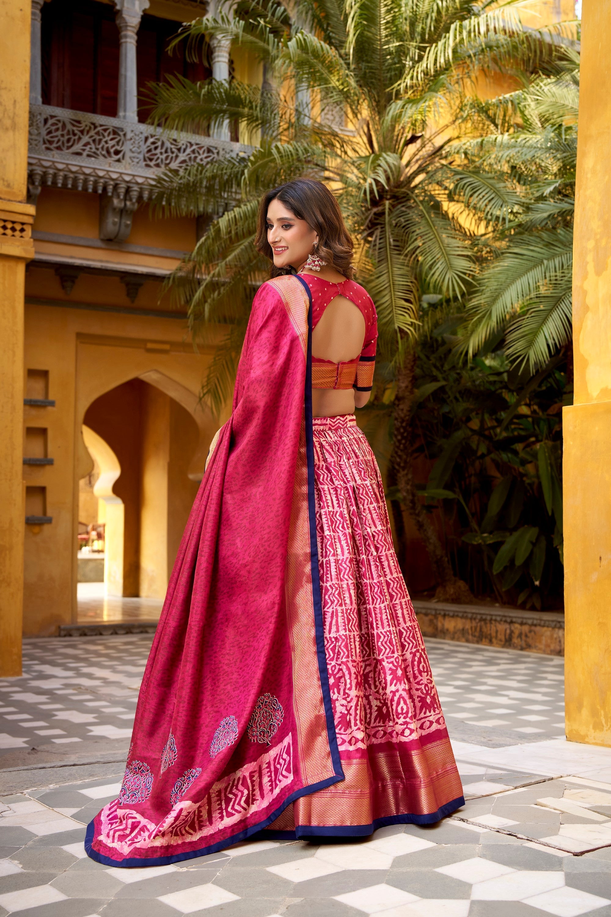 Lorenvalley Fashion Gajari Dola Silk Batik Print with Zari Weaving Work Lehenga Choli with Dupatta